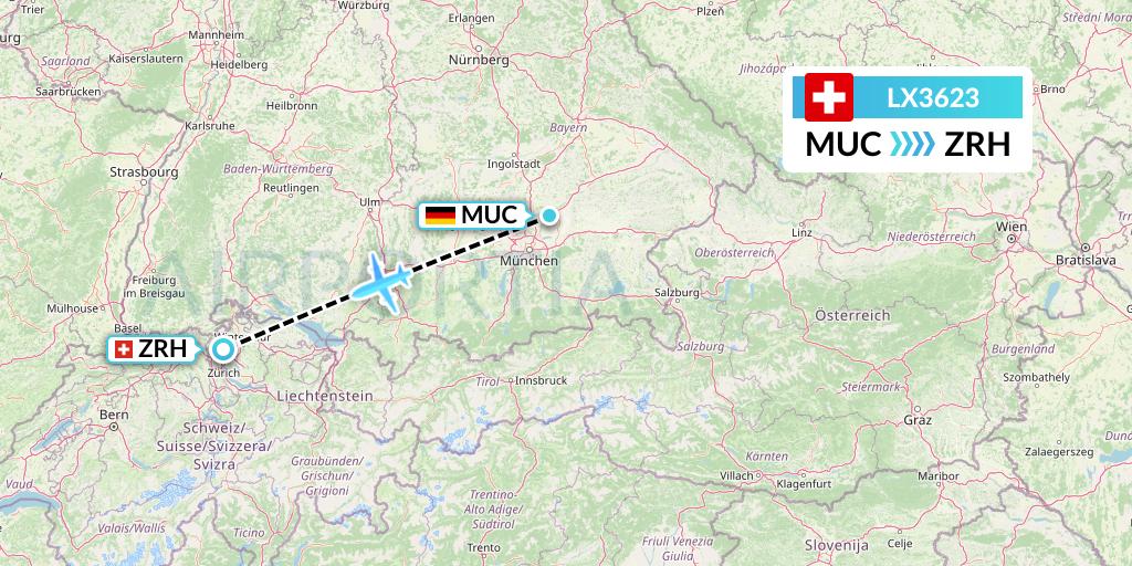 LX3623 Swiss Flight Map: Munich to Zurich