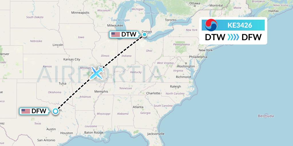 KE3426 Korean Air Flight Map: Detroit to Dallas
