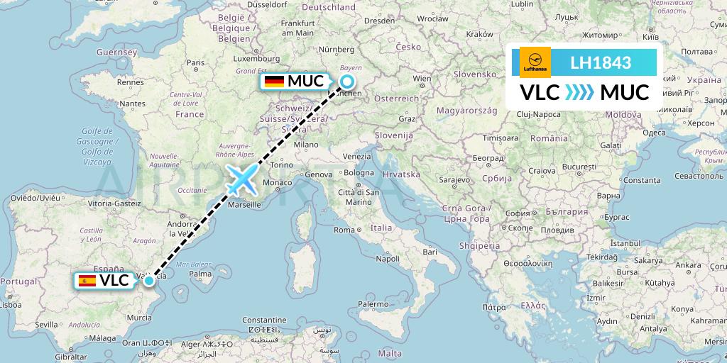 LH1843 Lufthansa Flight Map: Valencia to Munich
