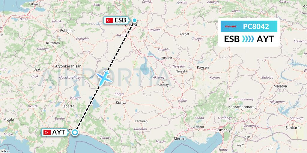PC8042 Pegasus Airlines Flight Map: Ankara to Antalya