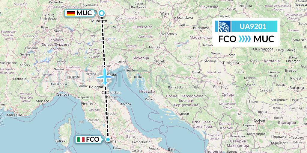 UA9201 United Airlines Flight Map: Rome to Munich