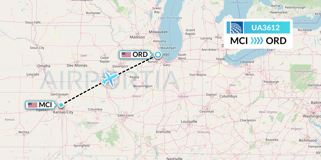 UA3612 United Airlines Flight Map: Kansas City to Chicago