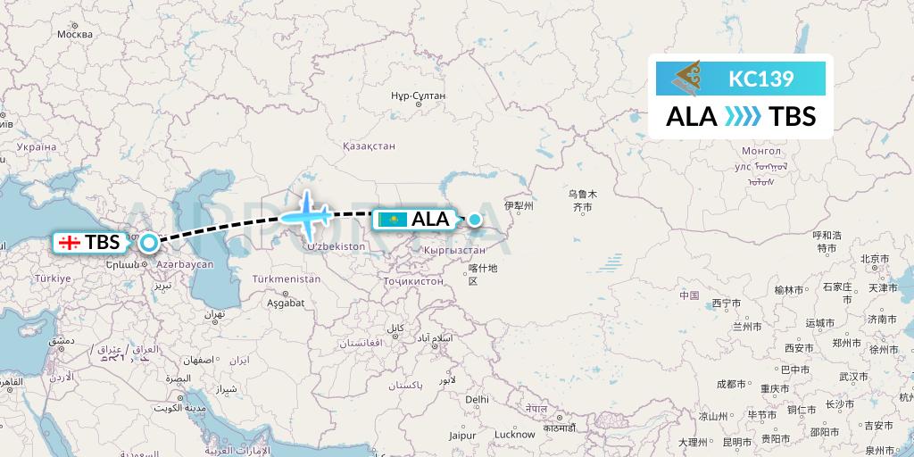 KC139 Air Astana Flight Map: Almaty to Tbilisi