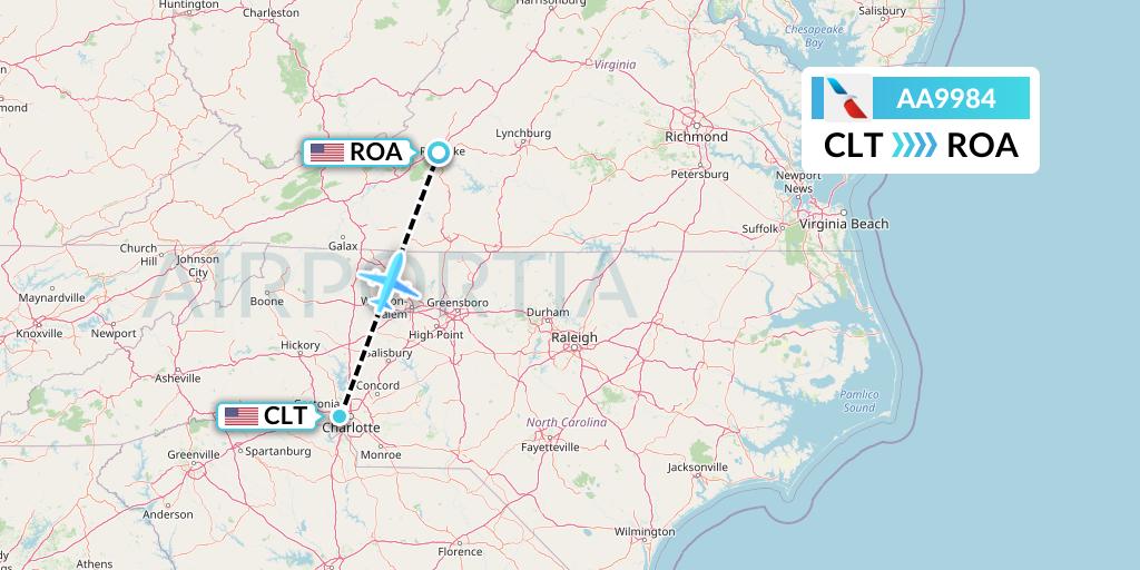 AA9984 American Airlines Flight Map: Charlotte to Roanoke