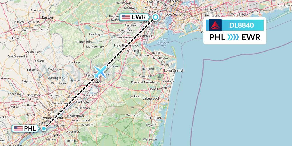 DL8840 Delta Air Lines Flight Map: Philadelphia to New York