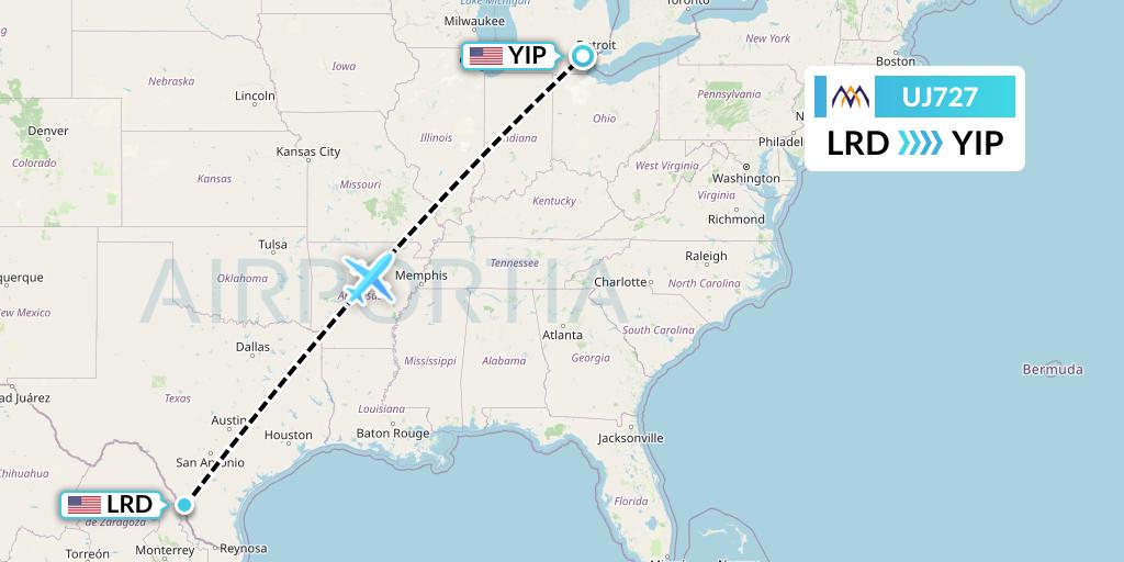 UJ727 AlMasria Universal Airlines Flight Map: Laredo to Detroit