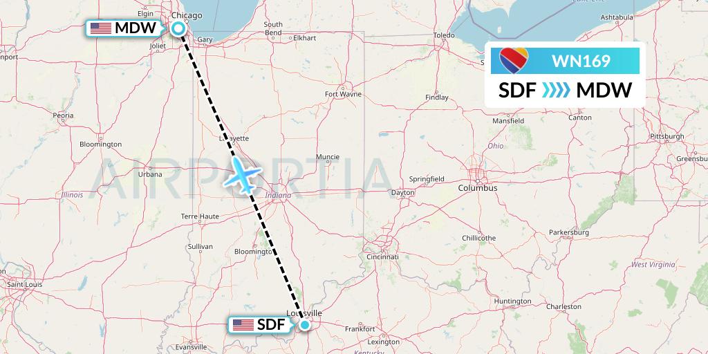 WN169 Southwest Airlines Flight Map: Louisville to Chicago