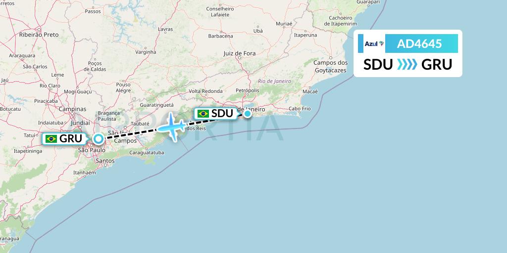 AD4645 Azul Brazilian Airlines Flight Map: Rio de Janeiro to Sao Paulo