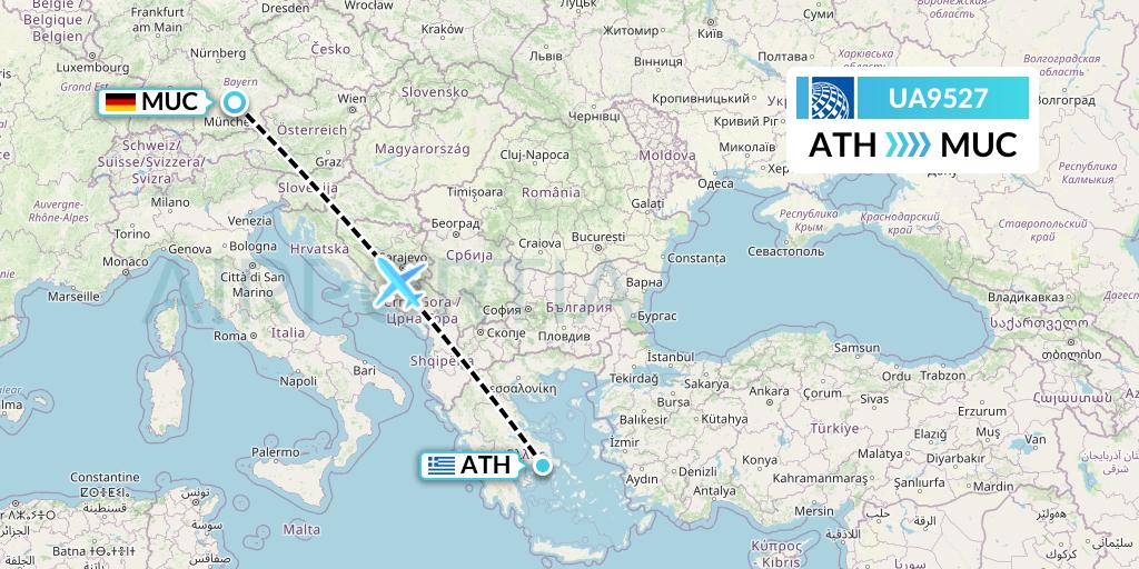 UA9527 United Airlines Flight Map: Athens to Munich