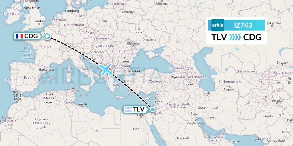 IZ743 Arkia Israeli Airlines Flight Map: Tel Aviv to Paris