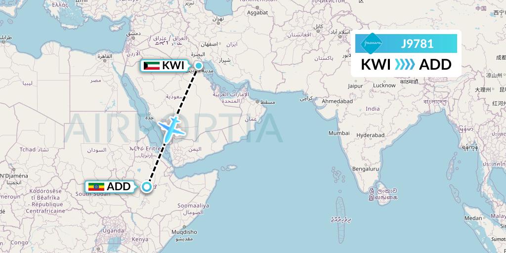 J9781 Jazeera Airways Flight Map: Kuwait City to Addis Ababa