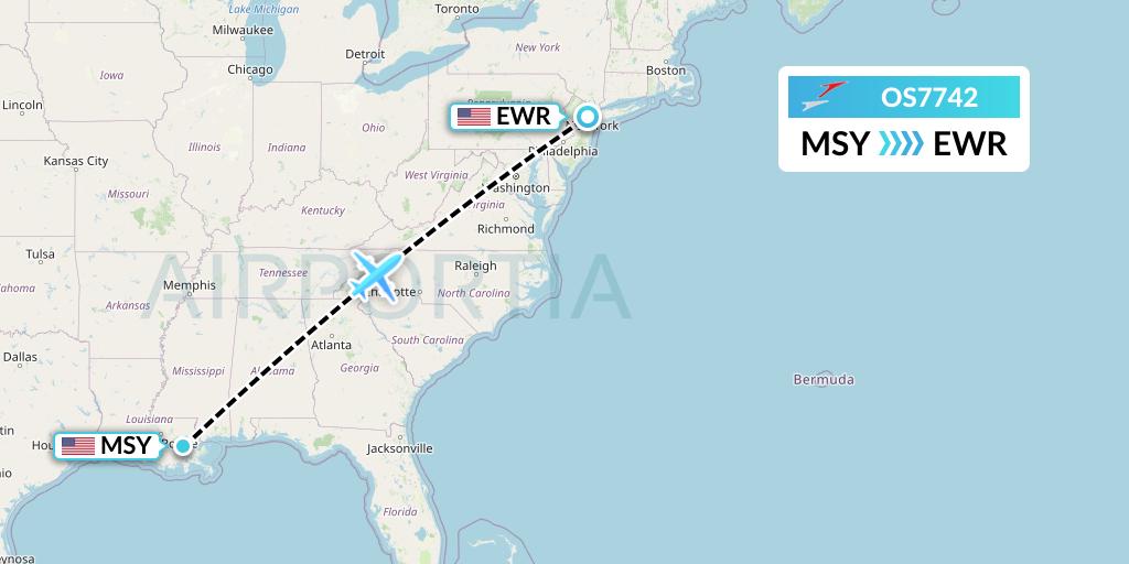 OS7742 Austrian Airlines Flight Map: New Orleans to New York
