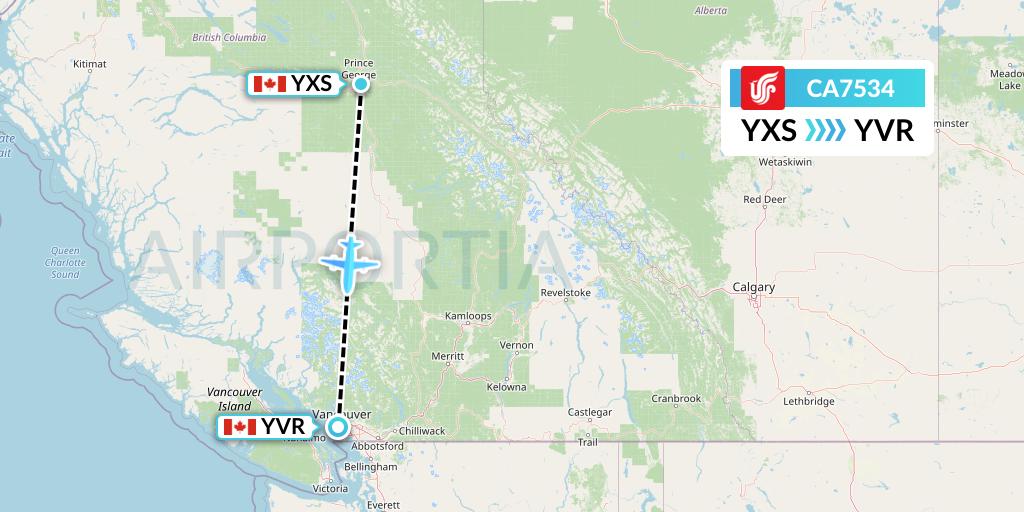 CA7534 Air China Flight Map: Prince George to Vancouver