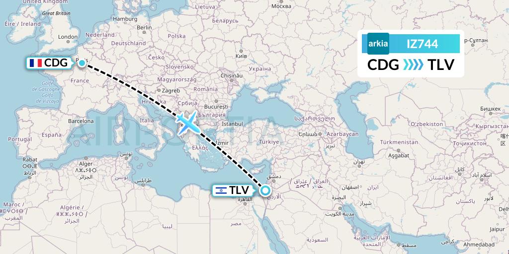 IZ744 Arkia Israeli Airlines Flight Map: Paris to Tel Aviv
