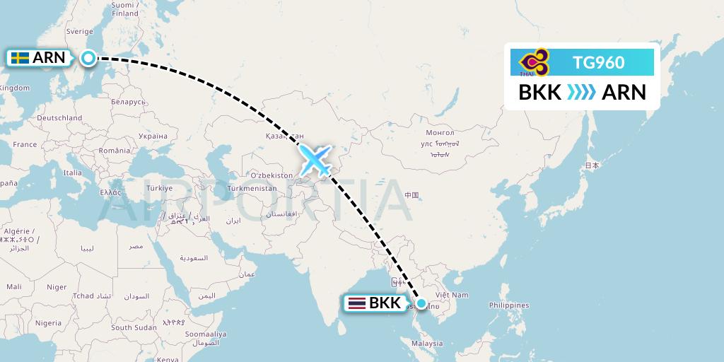 TG960 Thai Airways Flight Map: Bangkok to Stockholm