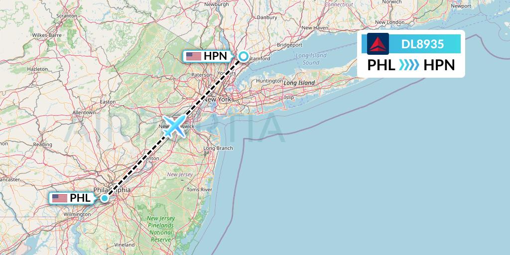 DL8935 Delta Air Lines Flight Map: Philadelphia to White Plains