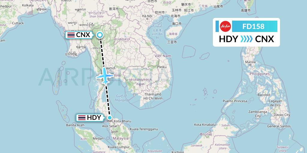 FD158 Thai AirAsia Flight Map: Hat Yai to Chiang Mai
