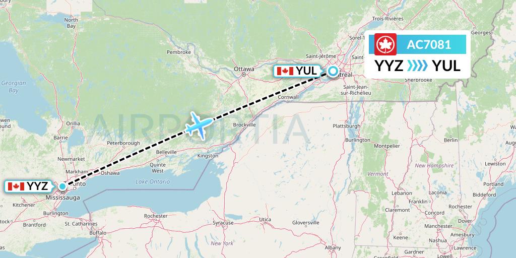 AC7081 Air Canada Flight Map: Toronto to Montreal