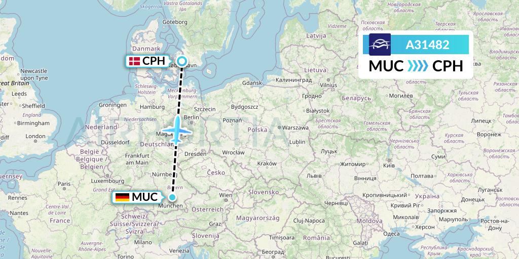 A31482 Aegean Airlines Flight Map: Munich to Copenhagen
