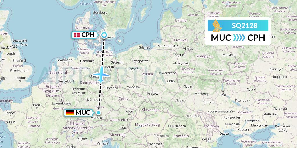 SQ2128 Singapore Airlines Flight Map: Munich to Copenhagen