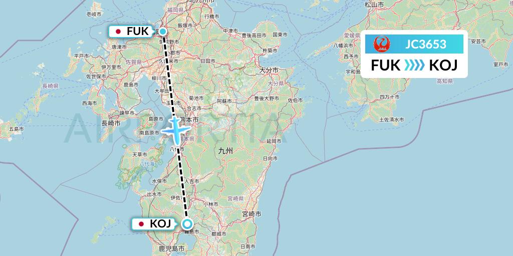 JC3653 Japan Air Commuter Flight Map: Fukuoka to Kagoshima