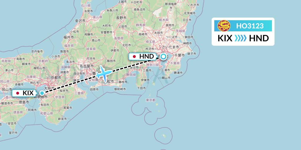HO3123 Juneyao Airlines Flight Map: Osaka to Tokyo