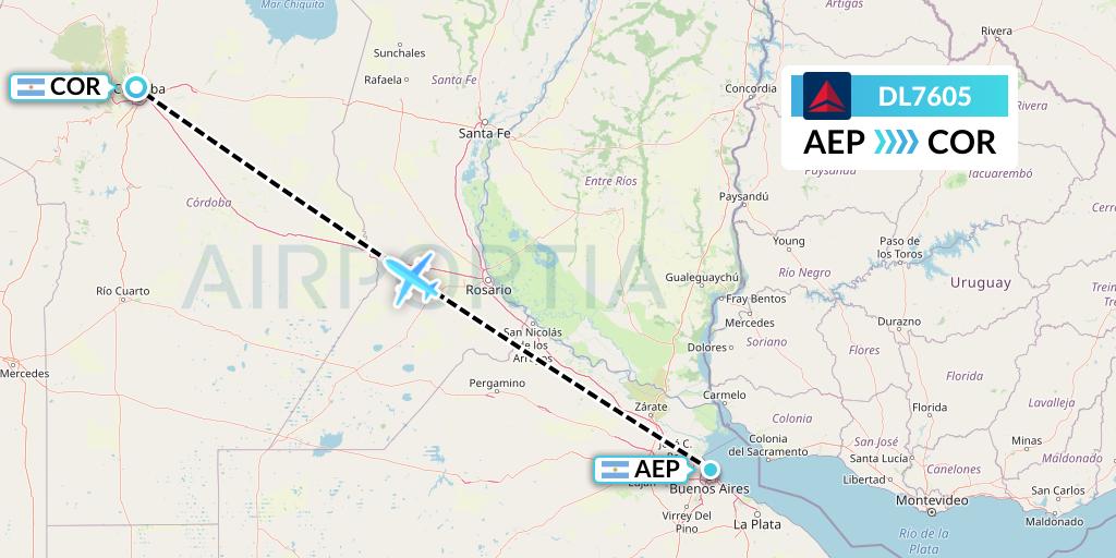 DL7605 Delta Air Lines Flight Map: Buenos Aires to Cordoba