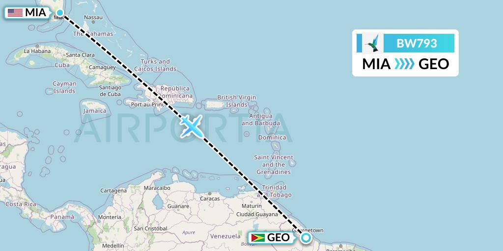 BW793 Caribbean Airlines Flight Map: Miami to Georgetown