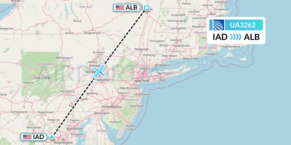 UA3262 United Airlines Flight Map: Washington to Albany