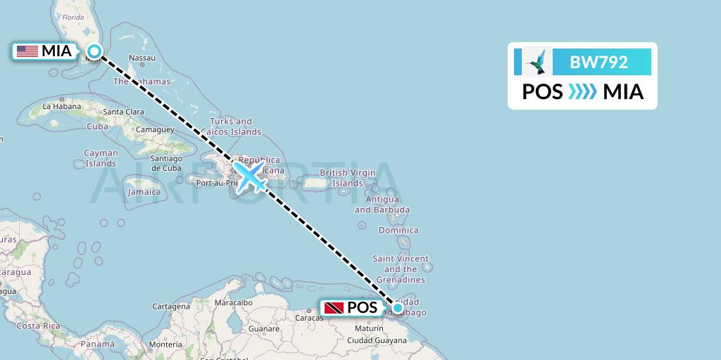BW792 Caribbean Airlines Flight Map: Port of Spain to Miami