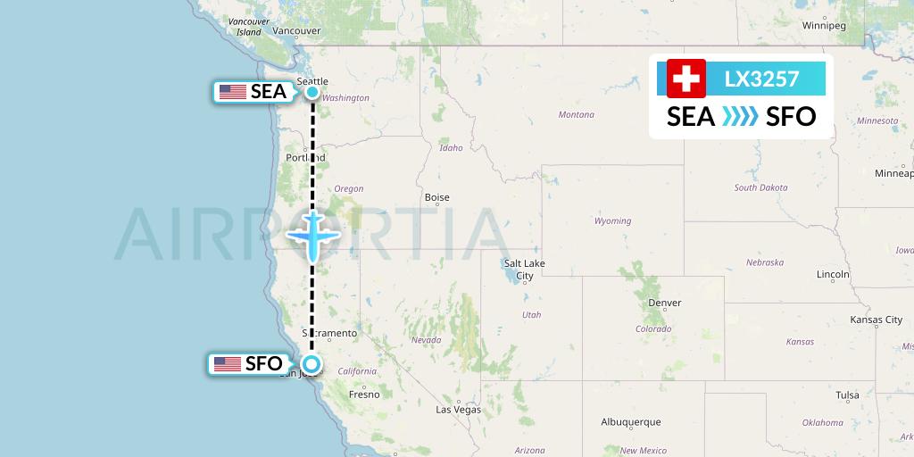 LX3257 Swiss Flight Map: Seattle to San Francisco