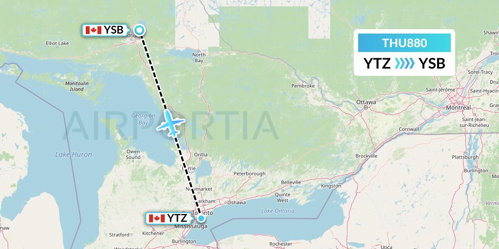 THU880 Thunder Airlines Flight Map: Toronto to Sudbury