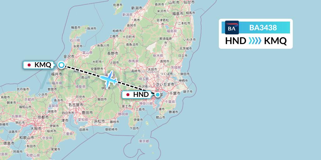 BA3438 British Airways Flight Map: Tokyo to Komatsu