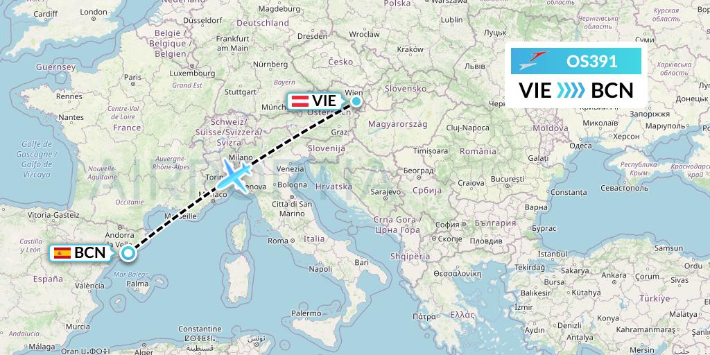 OS391 Austrian Airlines Flight Map: Vienna to Barcelona