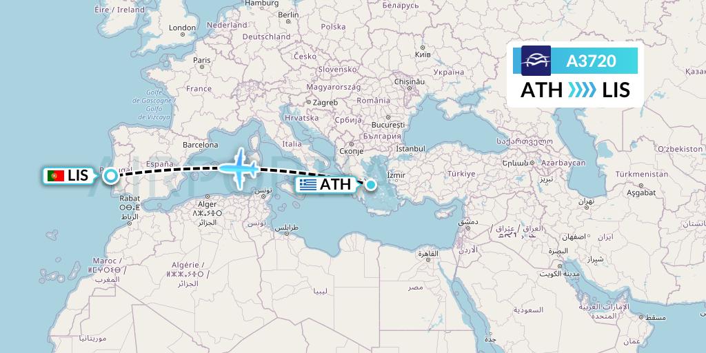 A3720 Aegean Airlines Flight Map: Athens to Lisbon