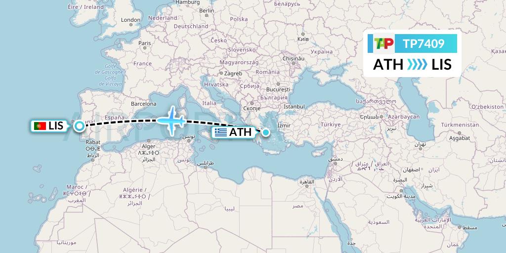 TP7409 TAP Portugal Flight Map: Athens to Lisbon