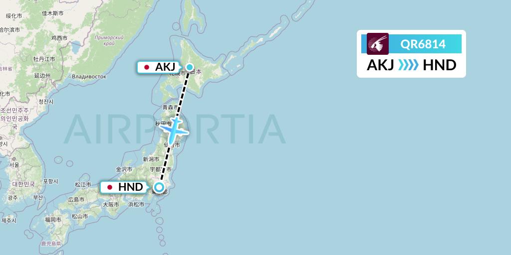 QR6814 Qatar Airways Flight Map: Asahikawa to Tokyo