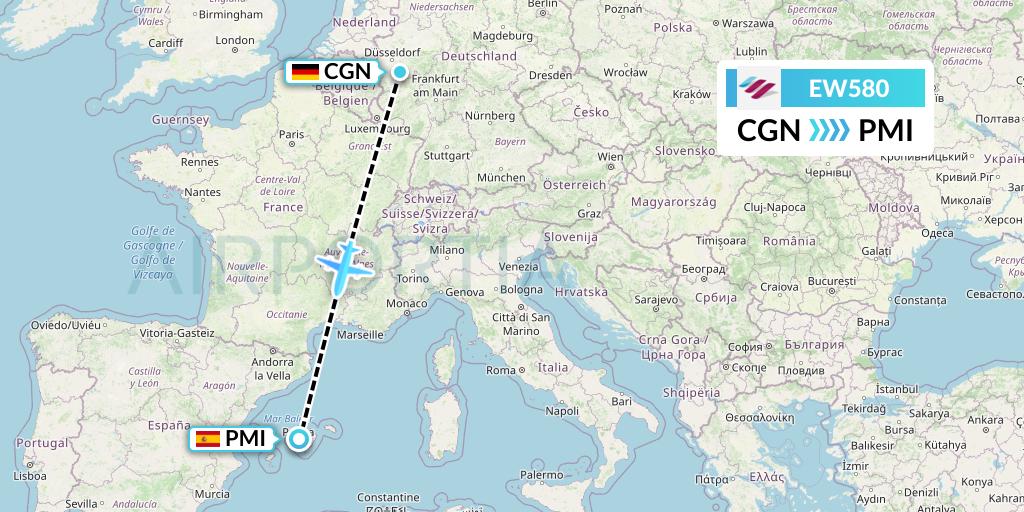 EW580 Eurowings Flight Map: Cologne to Palma de Mallorca