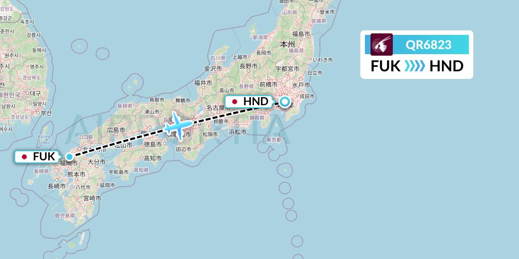 QR6823 Qatar Airways Flight Map: Fukuoka to Tokyo