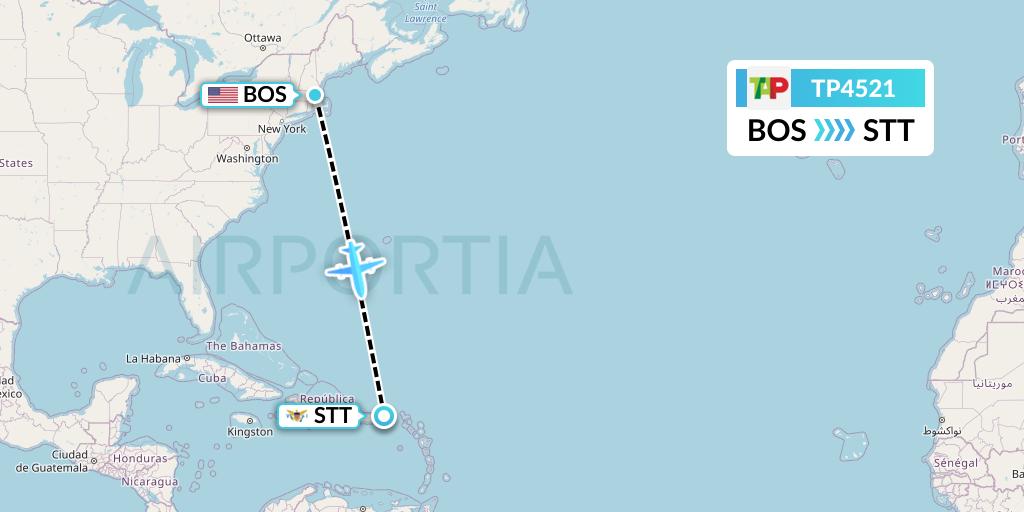 TP4521 TAP Portugal Flight Map: Boston to St. Thomas