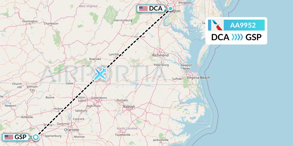 AA9952 American Airlines Flight Map: Washington to Greenville-Spartanburg