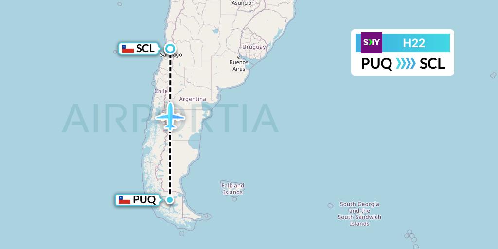 H22 Sky Airline Flight Map: Punta Arenas to Santiago
