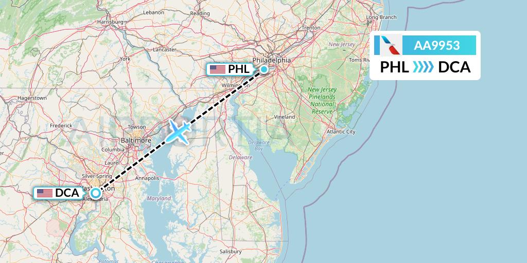 AA9953 American Airlines Flight Map: Philadelphia to Washington