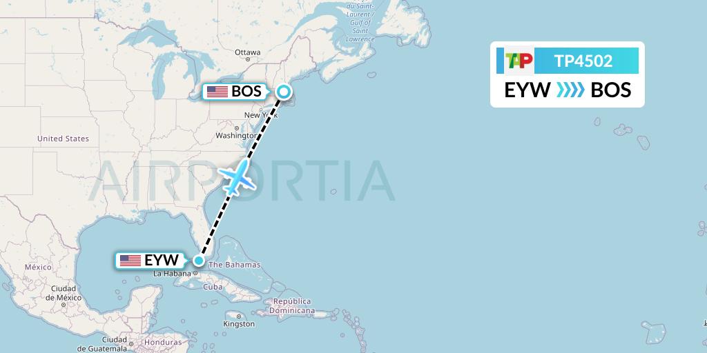 TP4502 TAP Portugal Flight Map: Key West to Boston