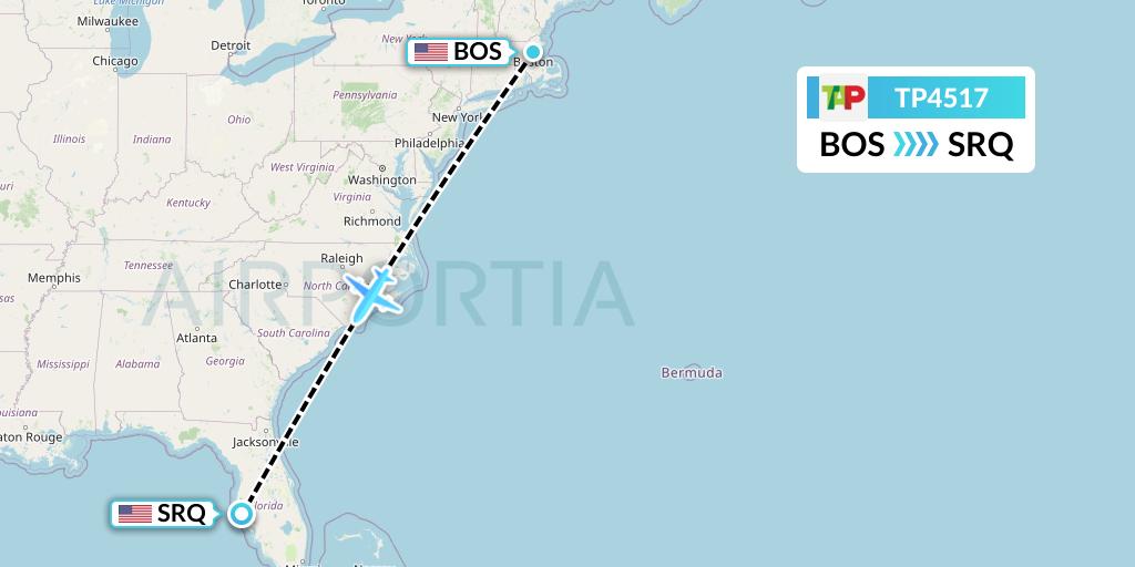 TP4517 TAP Portugal Flight Map: Boston to Sarasota