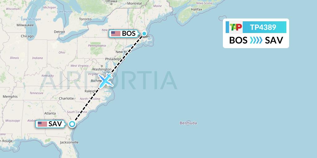 TP4389 TAP Portugal Flight Map: Boston to Savannah