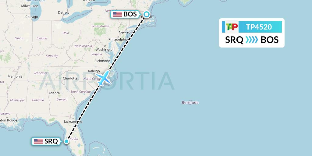 TP4520 TAP Portugal Flight Map: Sarasota to Boston