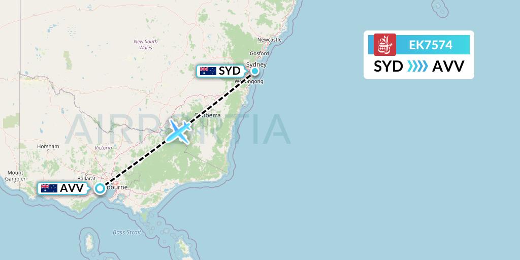 EK7574 Emirates Flight Map: Sydney to Melbourne