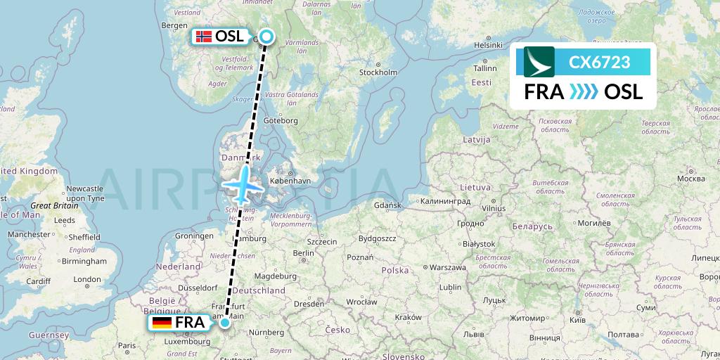 CX6723 Cathay Pacific Flight Map: Frankfurt to Oslo