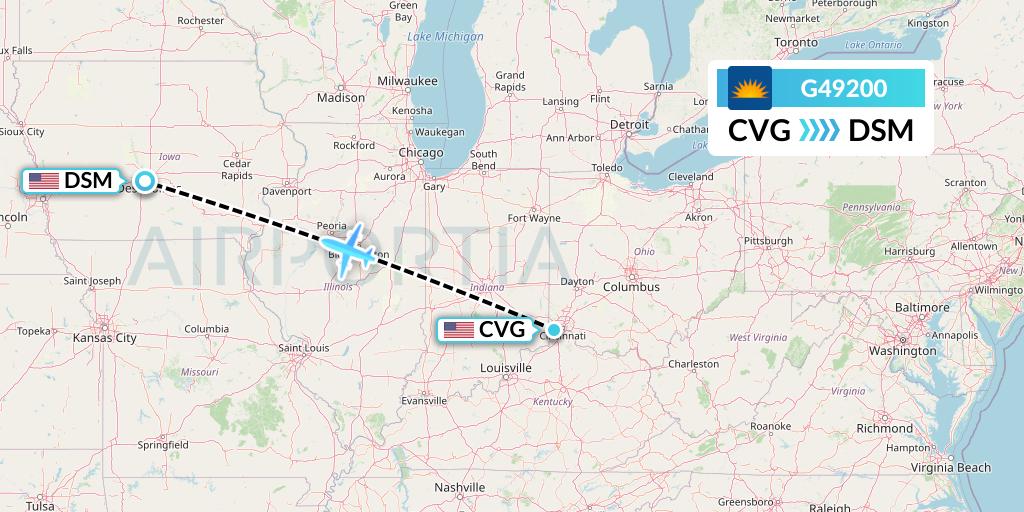 G49200 Allegiant Air Flight Map: Cincinnati to Des Moines